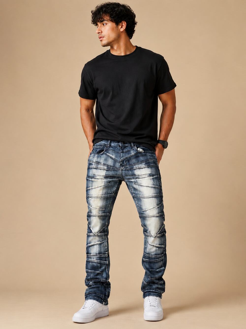 Moto Jeans Mens Blue Distressed Stretch Biker Moto Denim 32 Slim Skinny